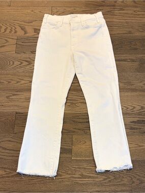 MOTHER Hustler Ankle Fray Jeans 29 White High Rise Kick Flare Raw Hem